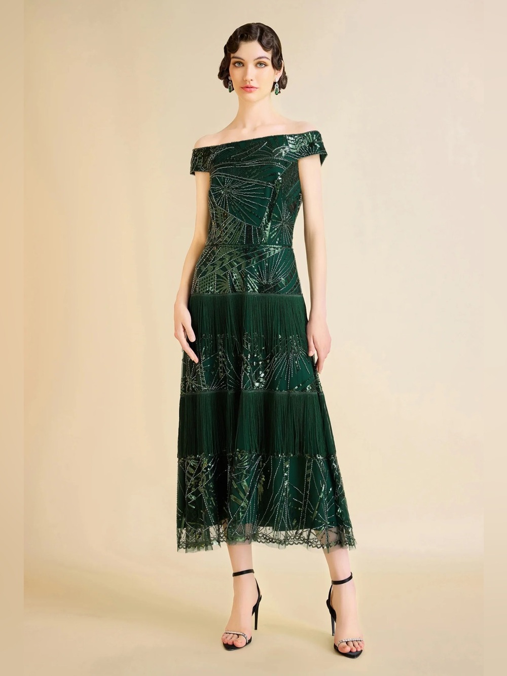 BABEYOND Elegant Off-Shoulder Emerald Green Beaded Midi Dress